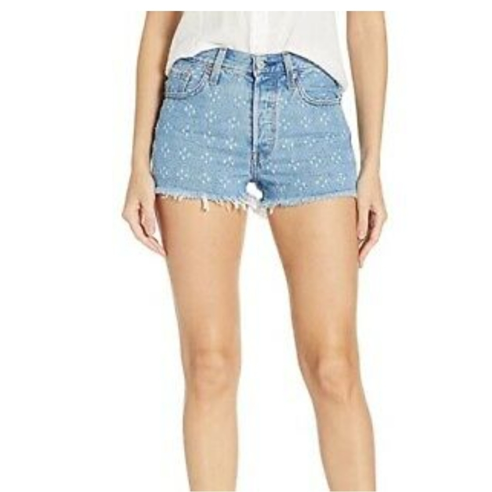 LEVIS 501 High Rise Denim Jean Shorts Size 32 Button Fly Distressed Dottie Blues